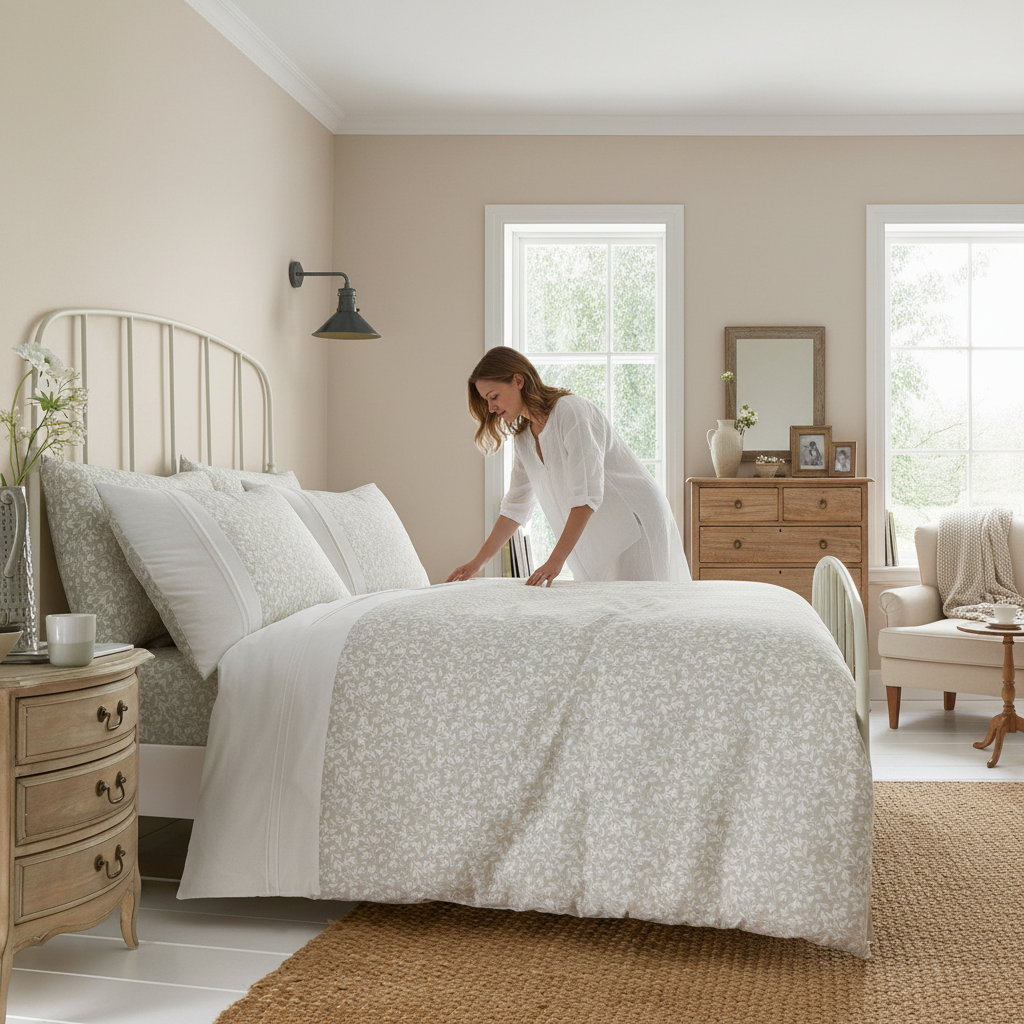 Juego de sábana bajera ajustable + 2 fundas de almohada Tess Natural de D&D | Alto 28 cm