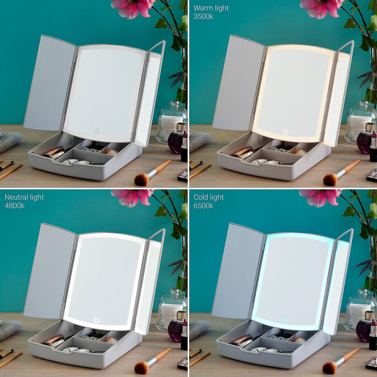 Tipos de luz del Espejo LED Plegable con Organizador de Maquillaje 3 en 1 Panomir InnovaGoods