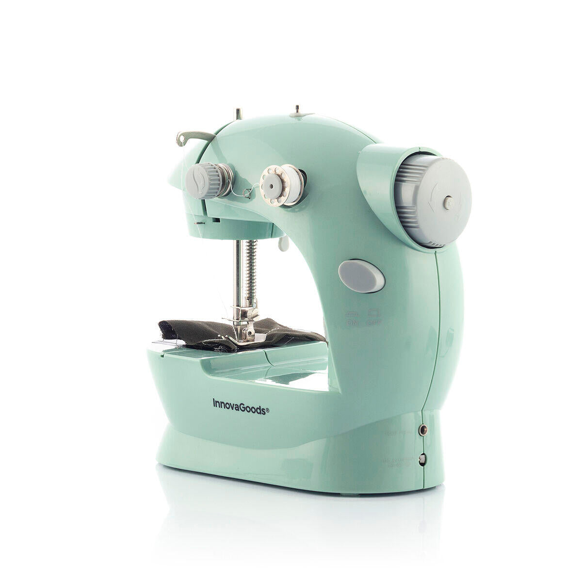 Mini máquina de coser portátil con accesorios y luz LED vista trasera