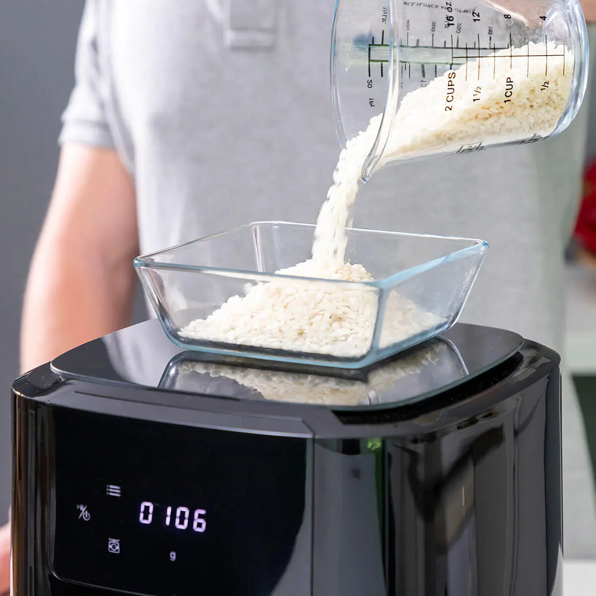 Freidora de Aire 5L Fryinn Balance 5000 con Báscula y Recetario , Acero Inoxidable y Pantalla Táctil Negro 1500W- InnovaGoods Dropea