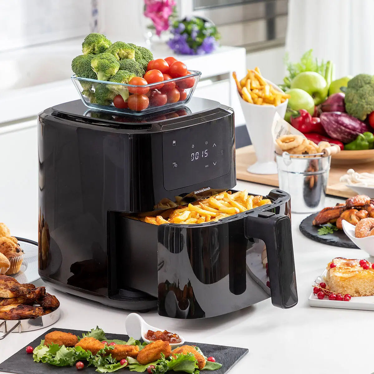 Freidora de Aire 5L Fryinn Balance 5000 con Báscula y Recetario , Acero Inoxidable y Pantalla Táctil Negro 1500W- InnovaGoods Dropea