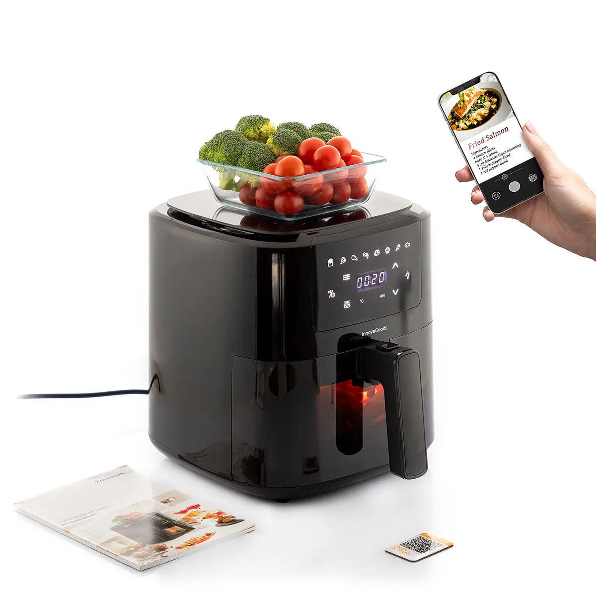 Freidora de Aire 5L Fryinn Balance 5000 con Báscula y Recetario , Acero Inoxidable y Pantalla Táctil Negro 1500W- InnovaGoods Dropea
