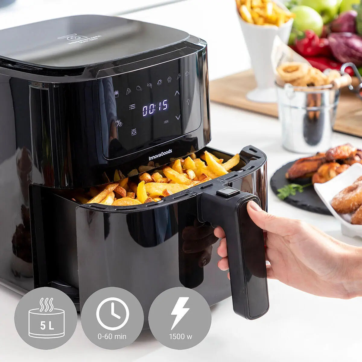 Freidora de Aire 5L Fryinn Balance 5000 con Báscula y Recetario , Acero Inoxidable y Pantalla Táctil Negro 1500W- InnovaGoods Dropea