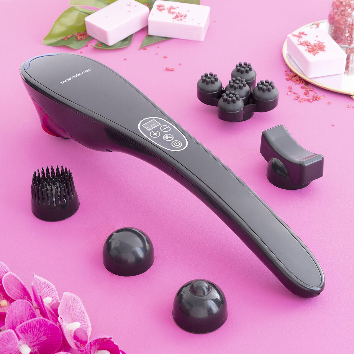 Masajeador de Mano Recargable Masfin InnovaGoods con sus cabezales parte de la rutina del cuidado personal