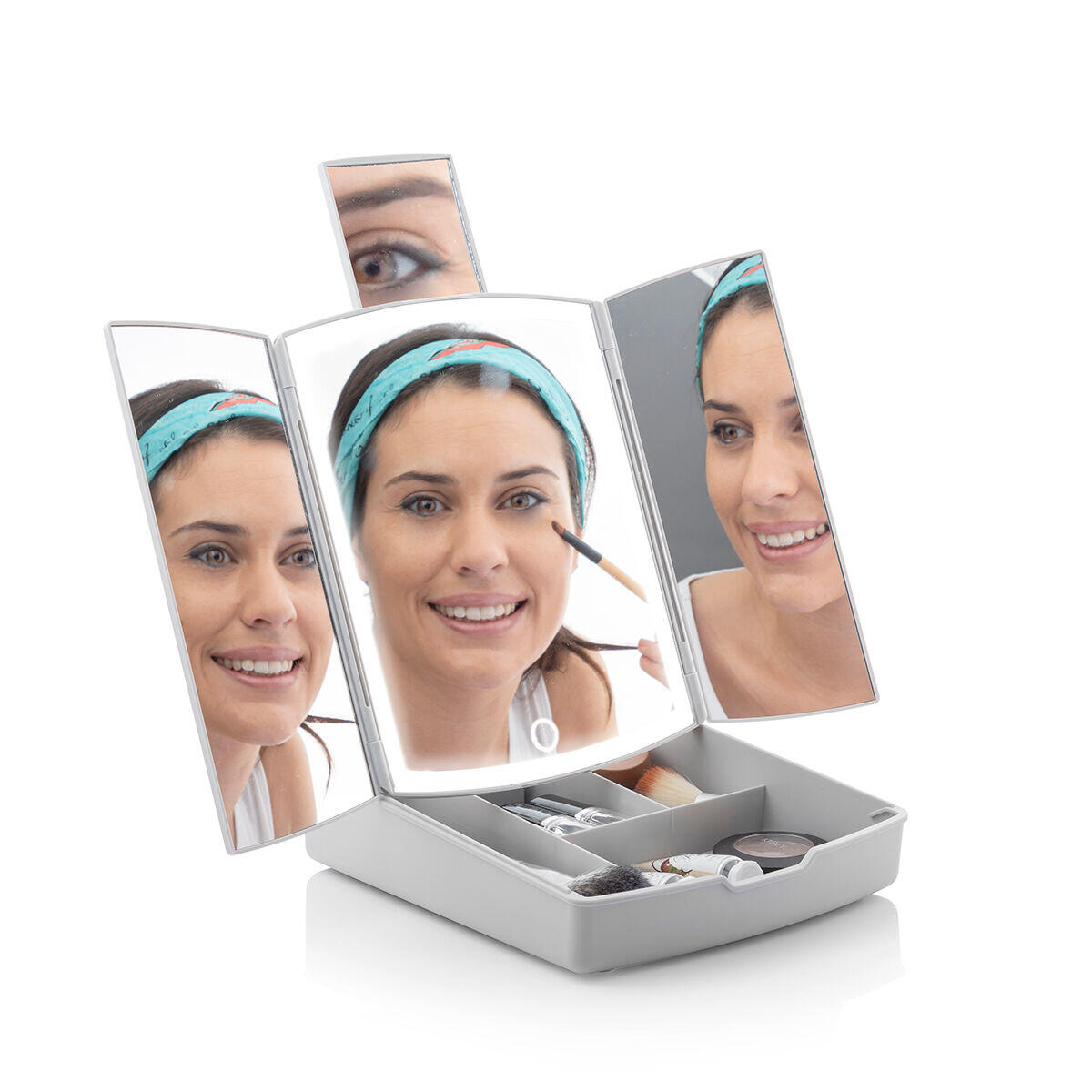 Espejo LED Plegable con Organizador de Maquillaje 3 en 1 Panomir InnovaGoods encendido con maquillaje organizado 