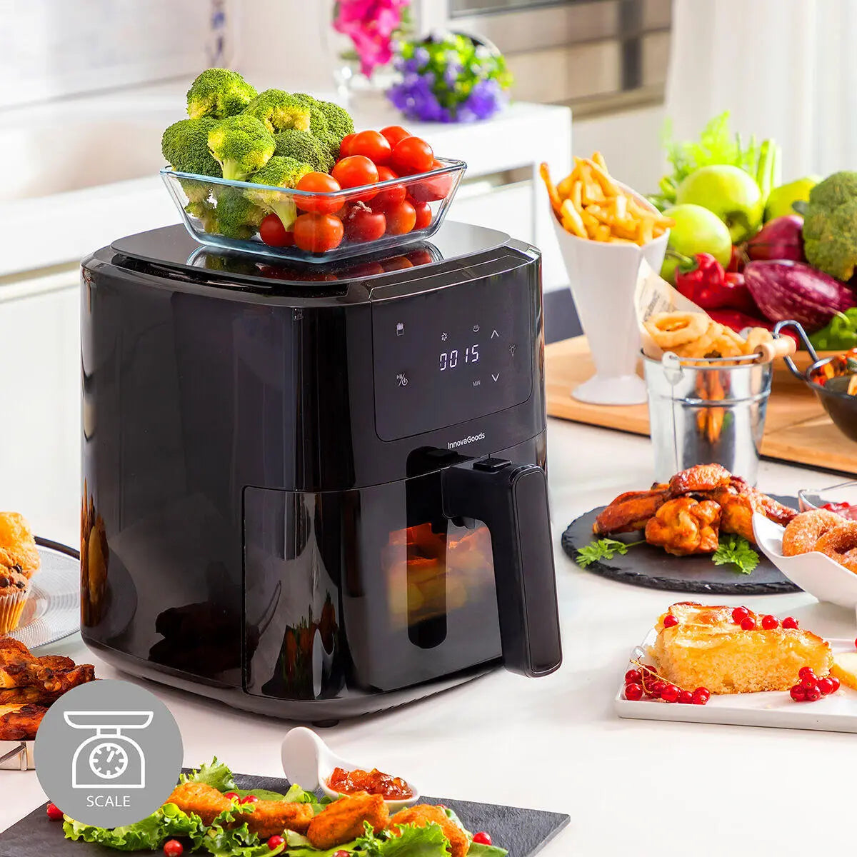 Freidora de Aire 5L Fryinn Balance 5000 con Báscula y Recetario , Acero Inoxidable y Pantalla Táctil Negro 1500W- InnovaGoods Dropea