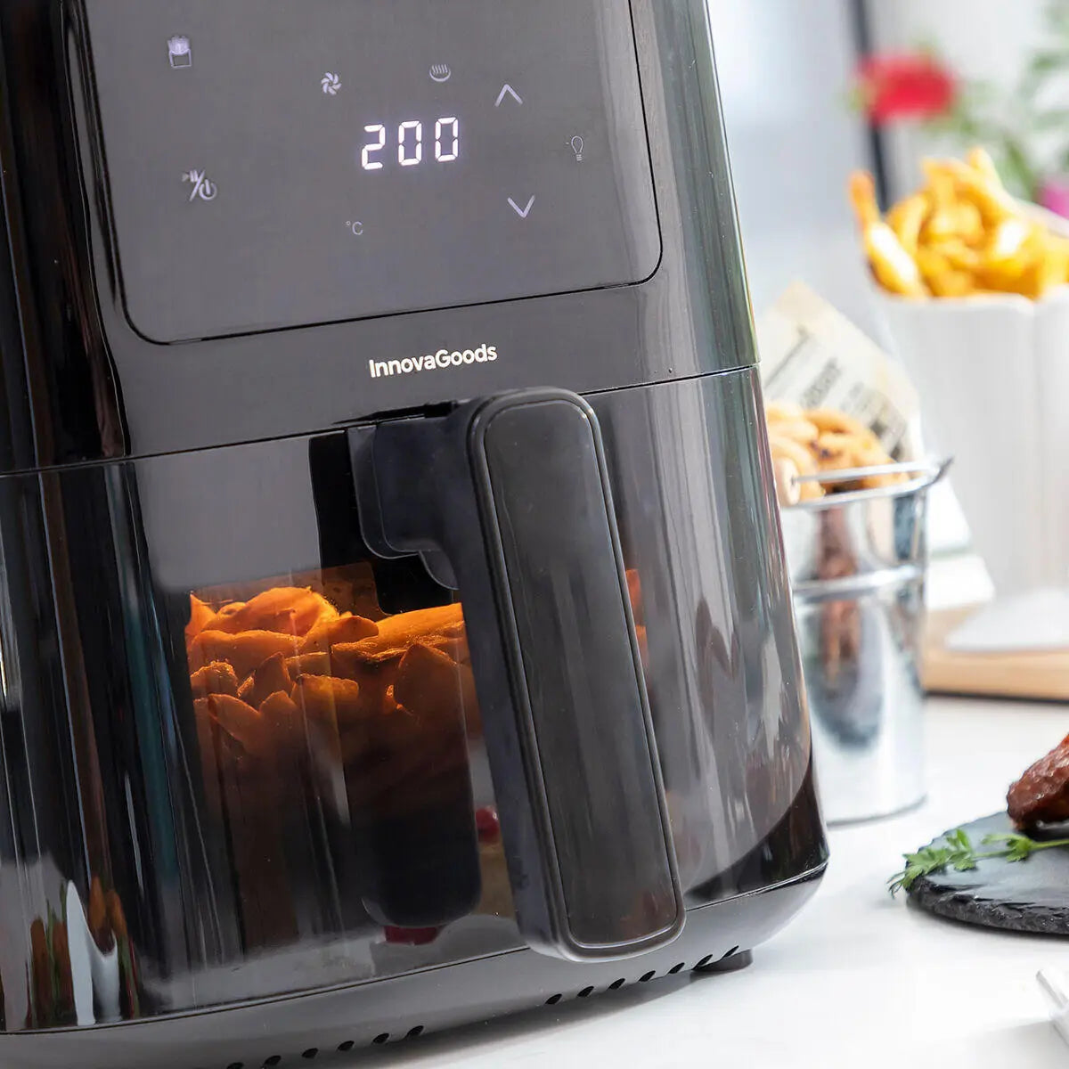 Freidora de Aire 5L Fryinn Balance 5000 con Báscula y Recetario , Acero Inoxidable y Pantalla Táctil Negro 1500W- InnovaGoods Dropea